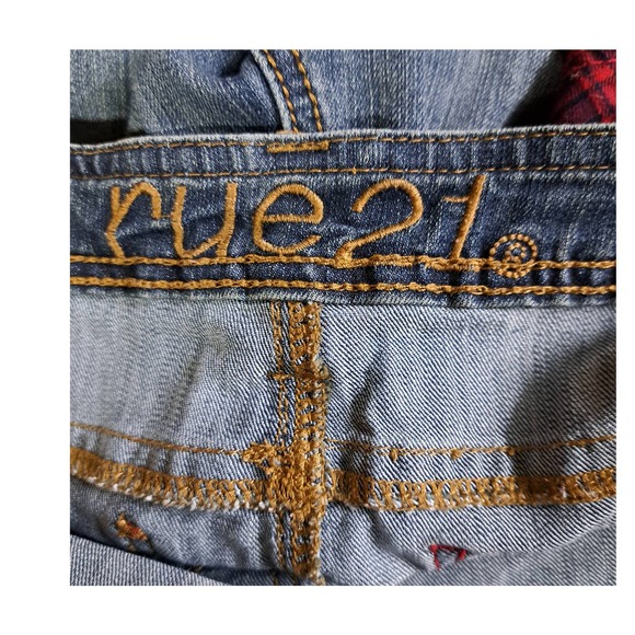 Rue 21 Front Overall Jeans Plaid Low back waist 13/14 - Picture 4 of 11